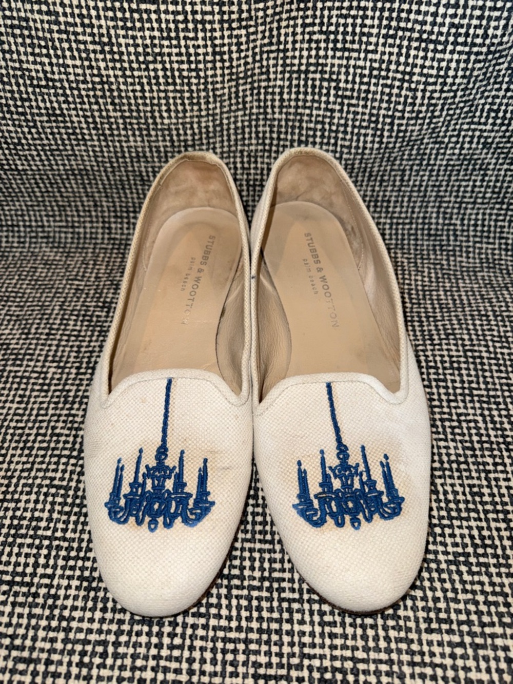Stubbs & Wootton White Canvas Slip-On Flats with Blue Chandelier Embroidery